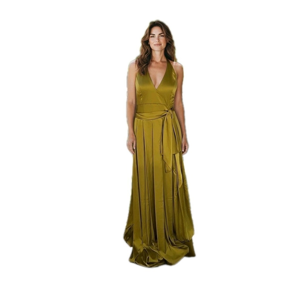 Mac Duggal Ieena 26531i Halter Charmeuse Satin Gown Gold‎ Formal Wedding Guest 2